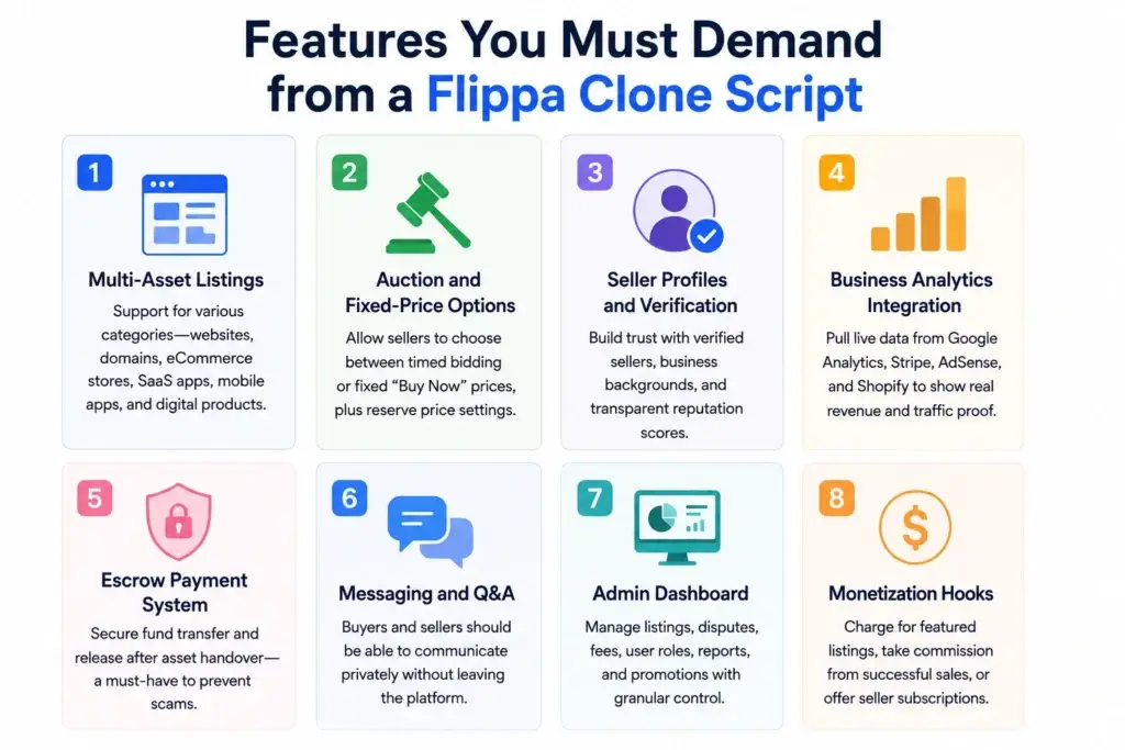 Best Flippa Clone Script in 2026: Features & Pricing Compared 1 Infographic showing essential features of a Flippa clone script including multi-asset listings, auctions, seller verification, analytics integration, escrow payments, messaging, admin dashboard, and monetization tools.