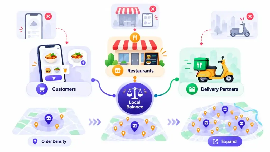 Growth Strategy for an On-Demand Food Delivery Platform: Restaurant Supply, Local Demand, and Repeat Orders 1 Food delivery marketplace showing the balance between customers, restaurants, delivery partners, and local order density before geographic expansion.