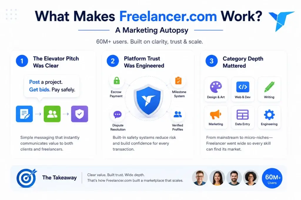 Freelancer App Marketing Strategy: How to Get Your Platform Noticed, Used & Loved 1 Freelancer.com marketing autopsy infographic showing platform trust features, escrow payments, milestone system, verified profiles, dispute resolution, and service category depth.