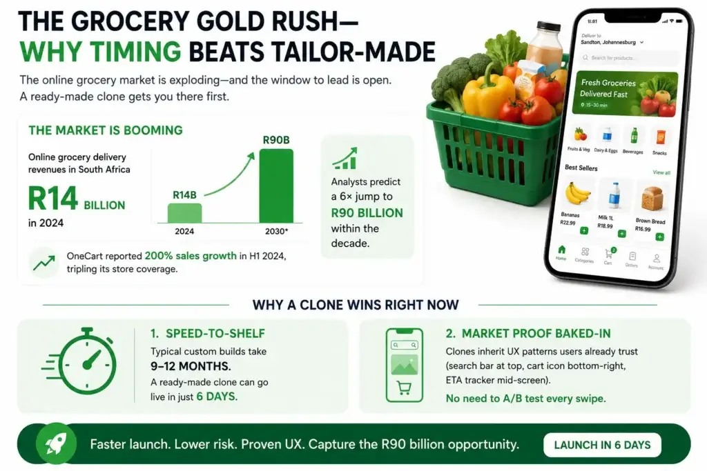 Reasons startup choose our OneCart clone over custom development 1 Grocery clone app infographic showing online grocery market growth, South Africa revenue opportunity, ready-made app benefits, faster launch, proven UX, grocery basket, and mobile grocery delivery interface.