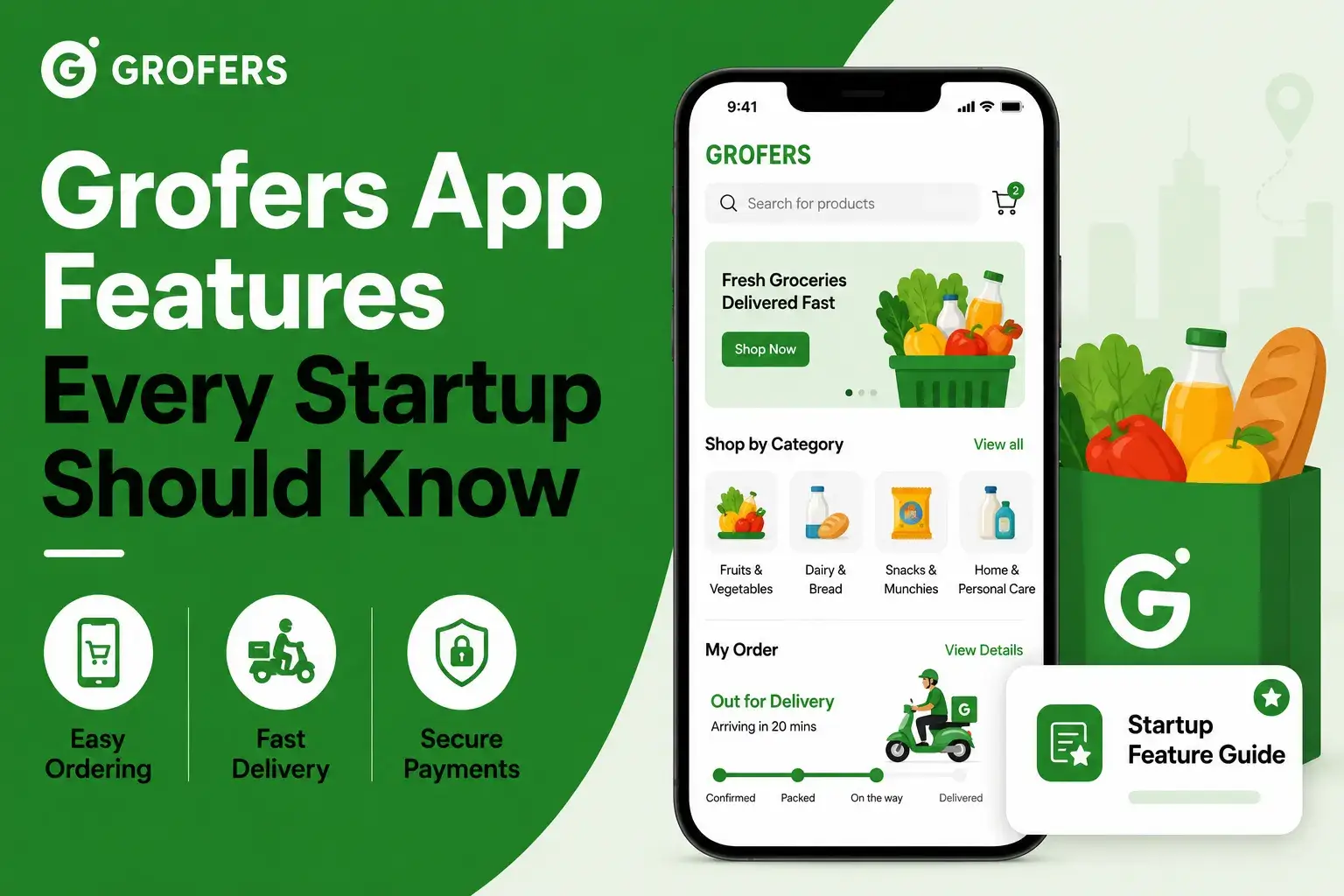 Grofers app features guide showing grocery ordering, fast delivery, secure payments, product categories, cart, and order tracking for startup founders.