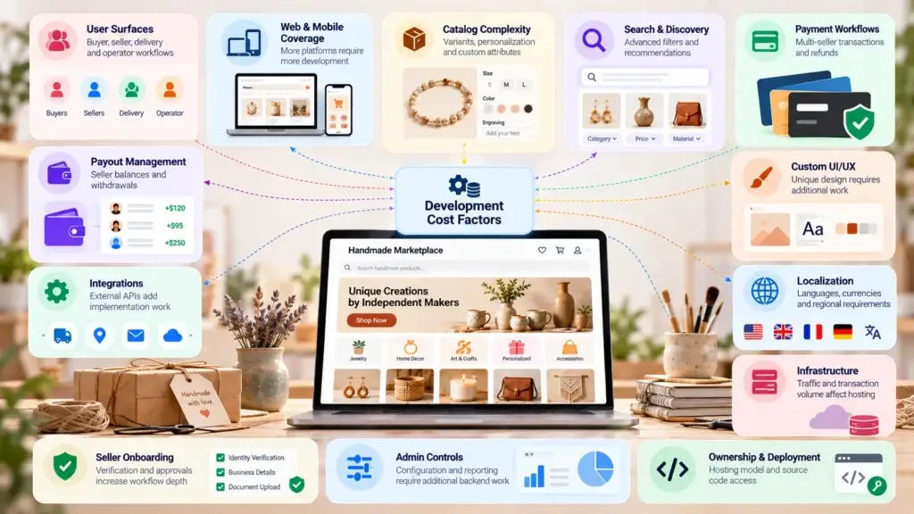 Handmade Marketplace Platform Features and Cost Factors: What Founders Should Evaluate Before Launch 2 Handmade marketplace development cost factors including user roles, web and mobile coverage, catalog complexity, search, payments, payouts, integrations, localization, admin controls, infrastructure, and deployment.