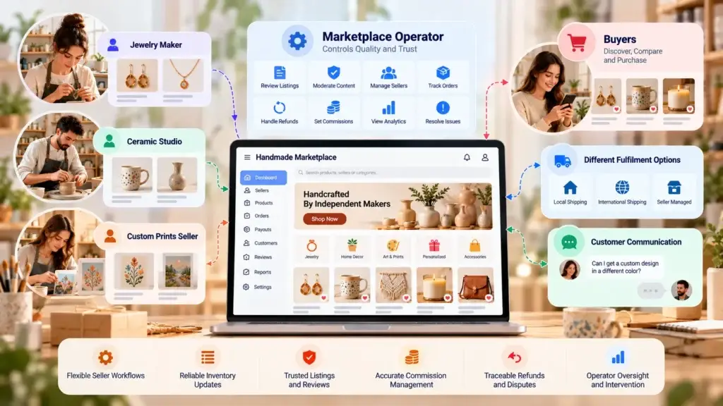 Handmade Marketplace Platform Features and Cost Factors: What Founders Should Evaluate Before Launch 1 Handmade marketplace workflow showing jewelry makers, ceramic sellers, custom print sellers, buyers, platform operator controls, fulfilment options, communication, refunds, and commissions.