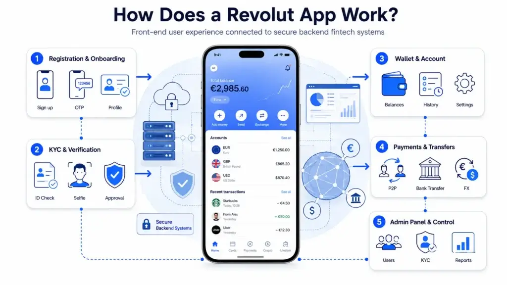 What is a Revolut App and How Does It Work? 1 Revolut app workflow showing registration, onboarding, KYC verification, wallet account, payments, transfers, admin panel, and secure backend fintech systems