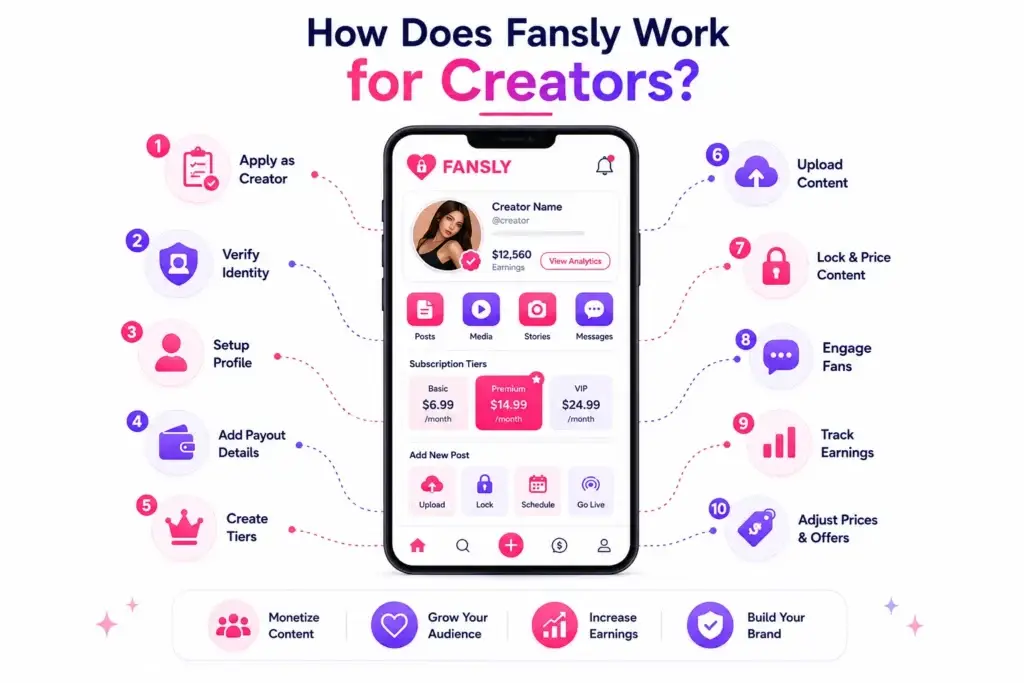 What is Fansly App and How Does It Work? 1 How Fansly works for creators, showing creator signup, identity verification, profile setup, content upload, pricing, fan engagement, and earnings tracking.