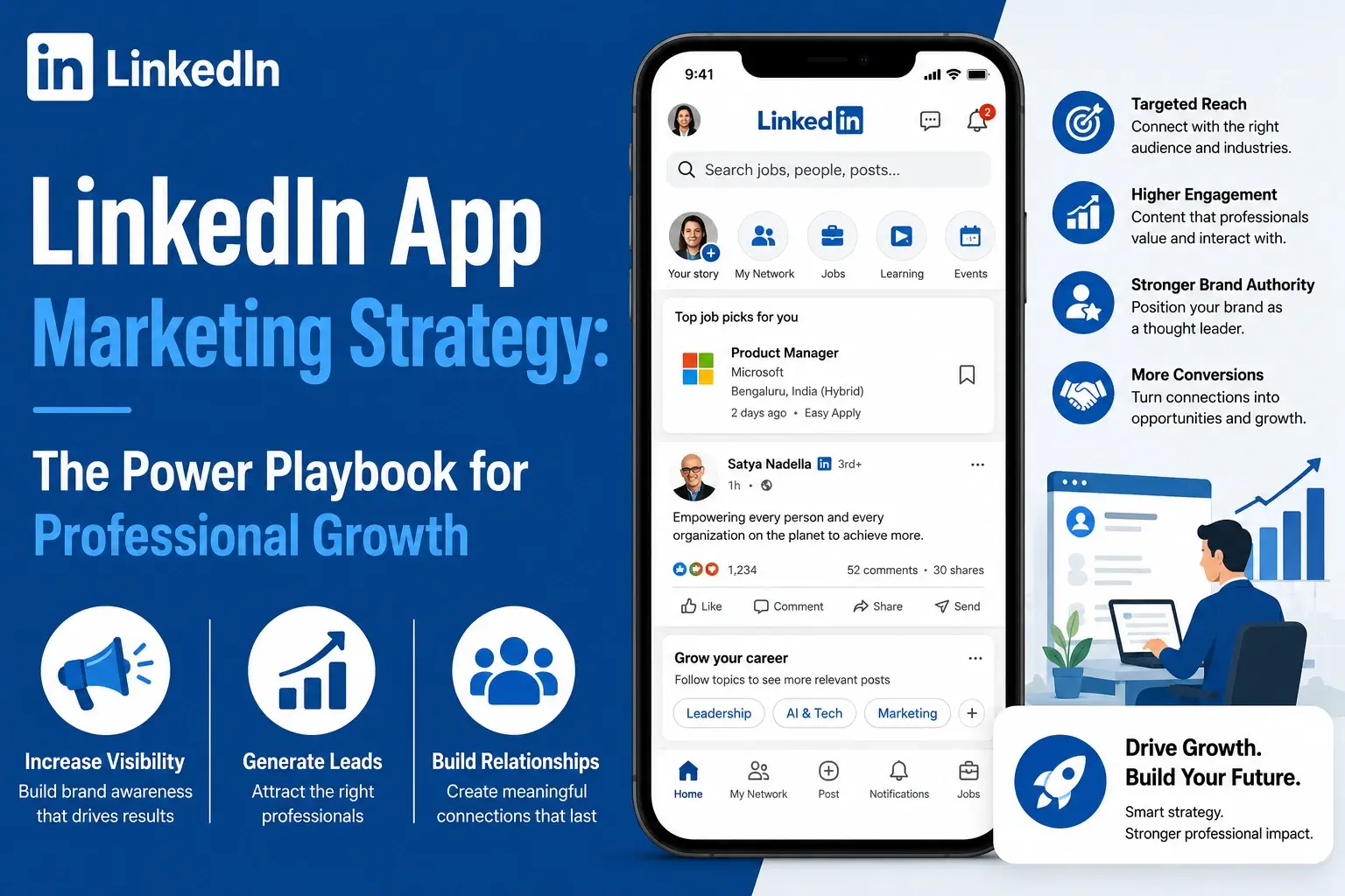 LinkedIn app marketing strategy graphic showing increased visibility, lead generation, relationship building, targeted reach, engagement, and brand authority.