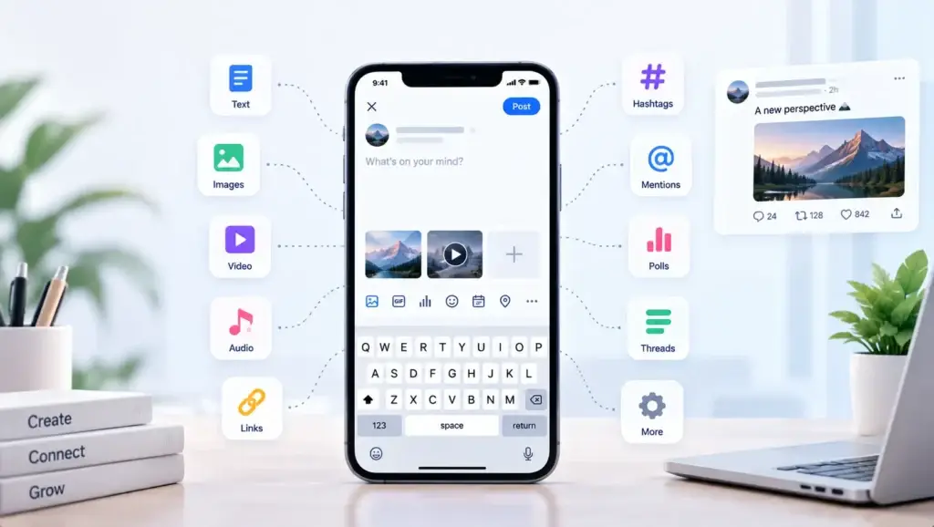 What Is a Real-Time Microblogging Platform and How Do Feeds, Trends, Posts, and Conversations Work? 1 Microblogging platform content composer with text, images, videos, audio, links, hashtags, mentions, polls, and threads