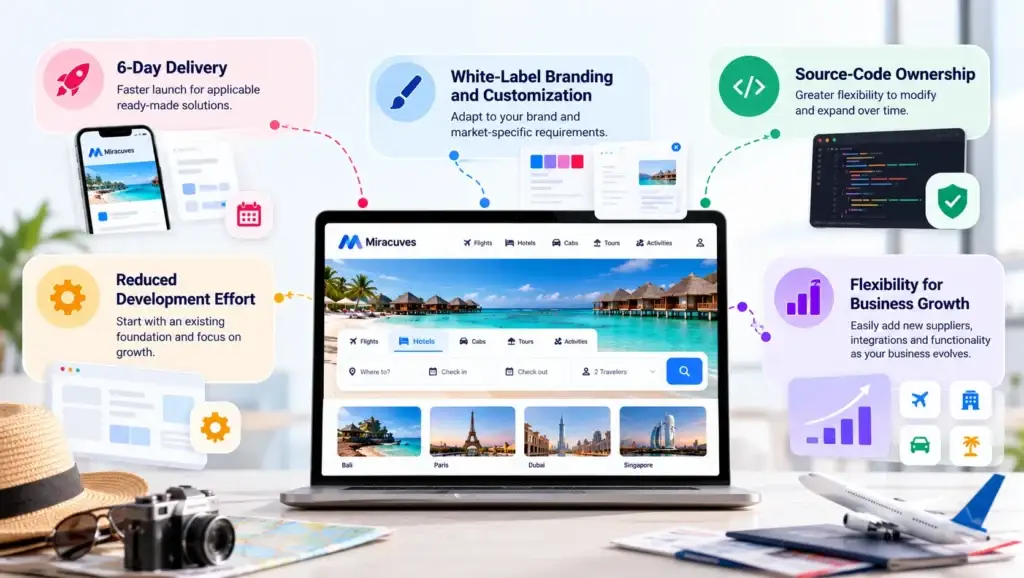 Build vs Buy a White-Label Travel Booking Platform: What Should Travel Startups Choose? 2 Miracuves white-label travel booking platform showing 6-day delivery, source-code ownership, branding customization, reduced development effort, and growth flexibility.
