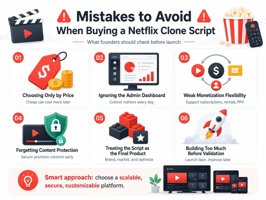 Best Netflix Clone Script in 2026: Features, Pricing & OTT Launch Guide 2 Netflix clone script mistakes infographic showing pricing mistakes, ignored admin dashboard, weak monetization, content protection issues, overbuilding before validation, and OTT launch planning.