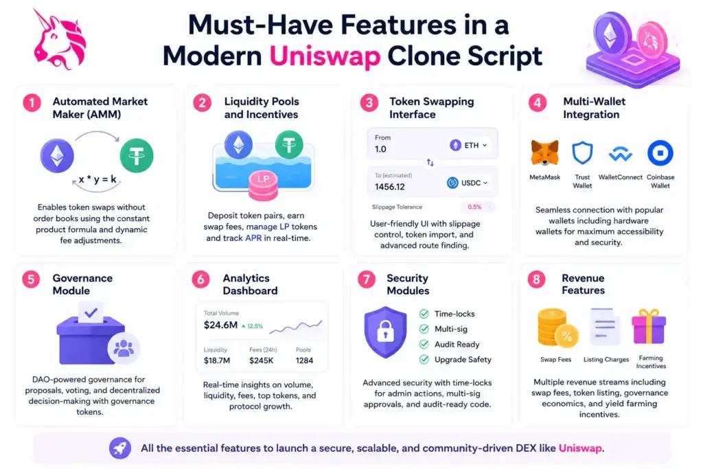 Best Uniswap Clone Script in 2026: Features & Pricing Compared 1 Uniswap clone script infographic showing must-have DEX features like automated market maker, liquidity pools, token swap interface, multi-wallet integration, governance module, analytics dashboard, security modules, and revenue features.