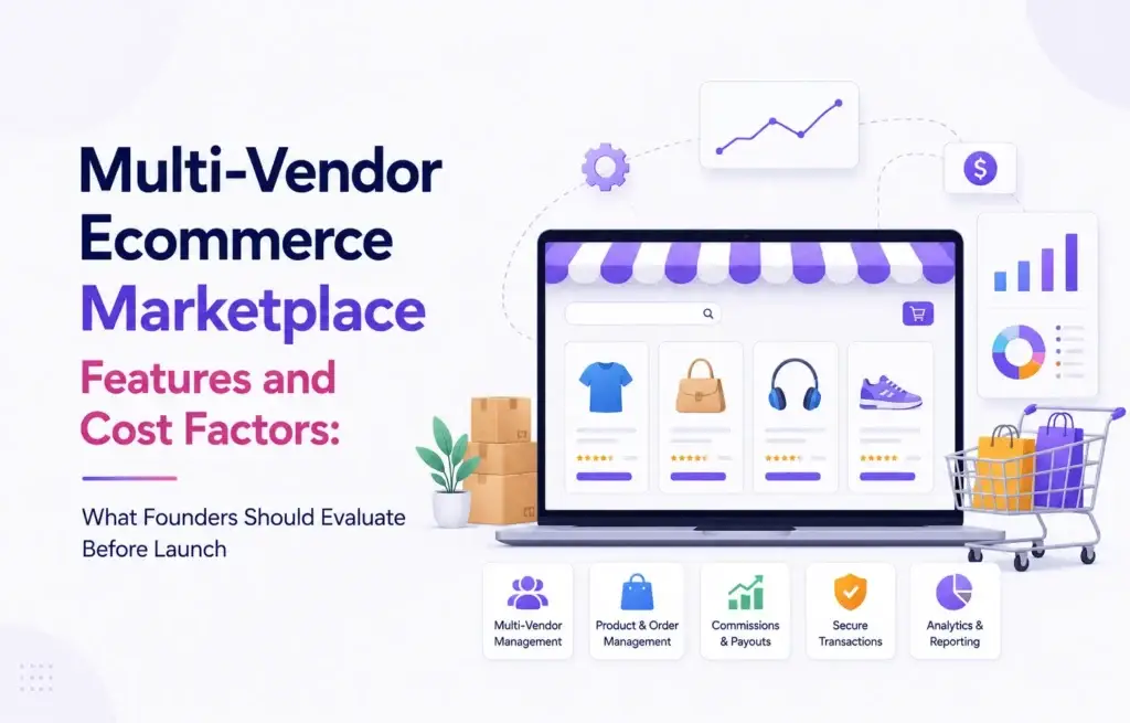 Multi-vendor ecommerce marketplace features and cost factors, including vendor management, orders, commissions, payouts, security, and analytics.