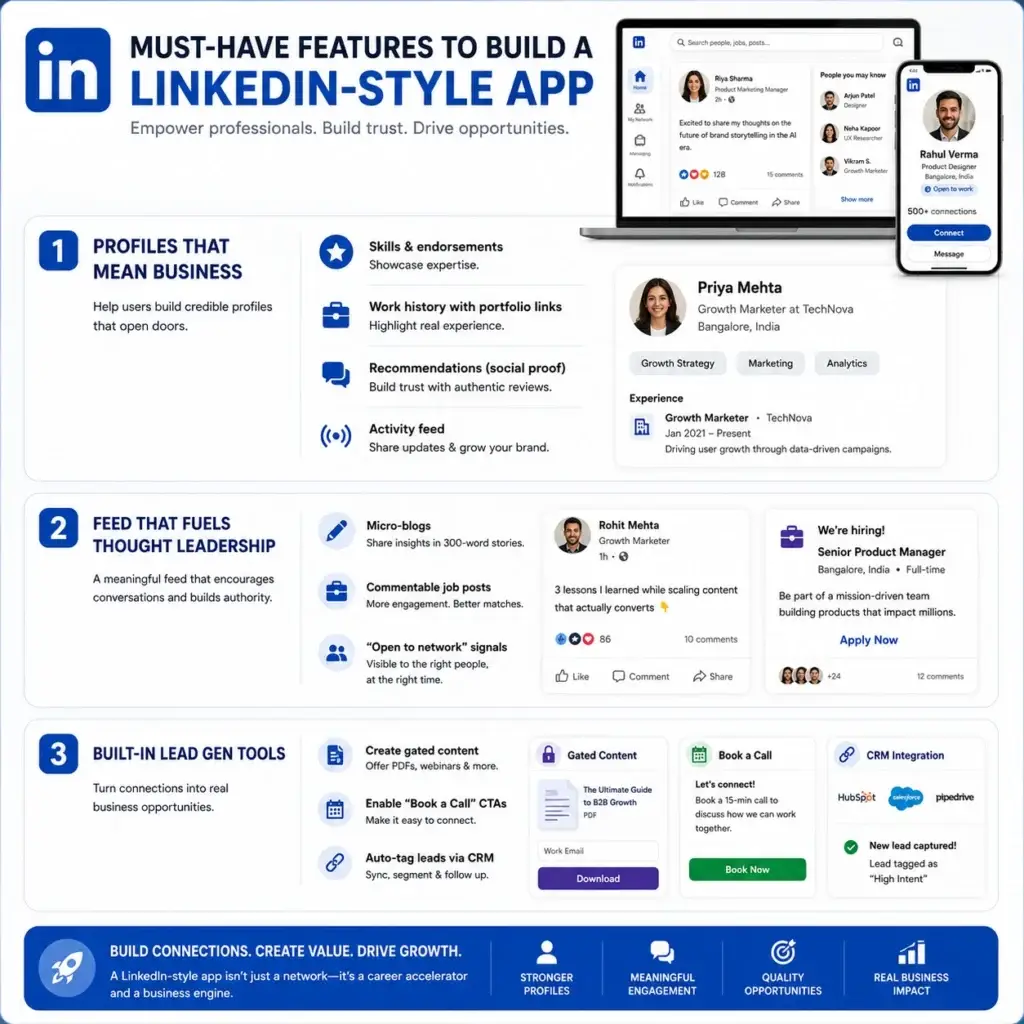 LinkedIn App Marketing Strategy: The Power Playbook for Professional Growth 1 LinkedIn-style app features infographic showing professional profiles, skills, endorsements, activity feeds, job posts, lead generation tools, booking CTAs, and CRM integration.