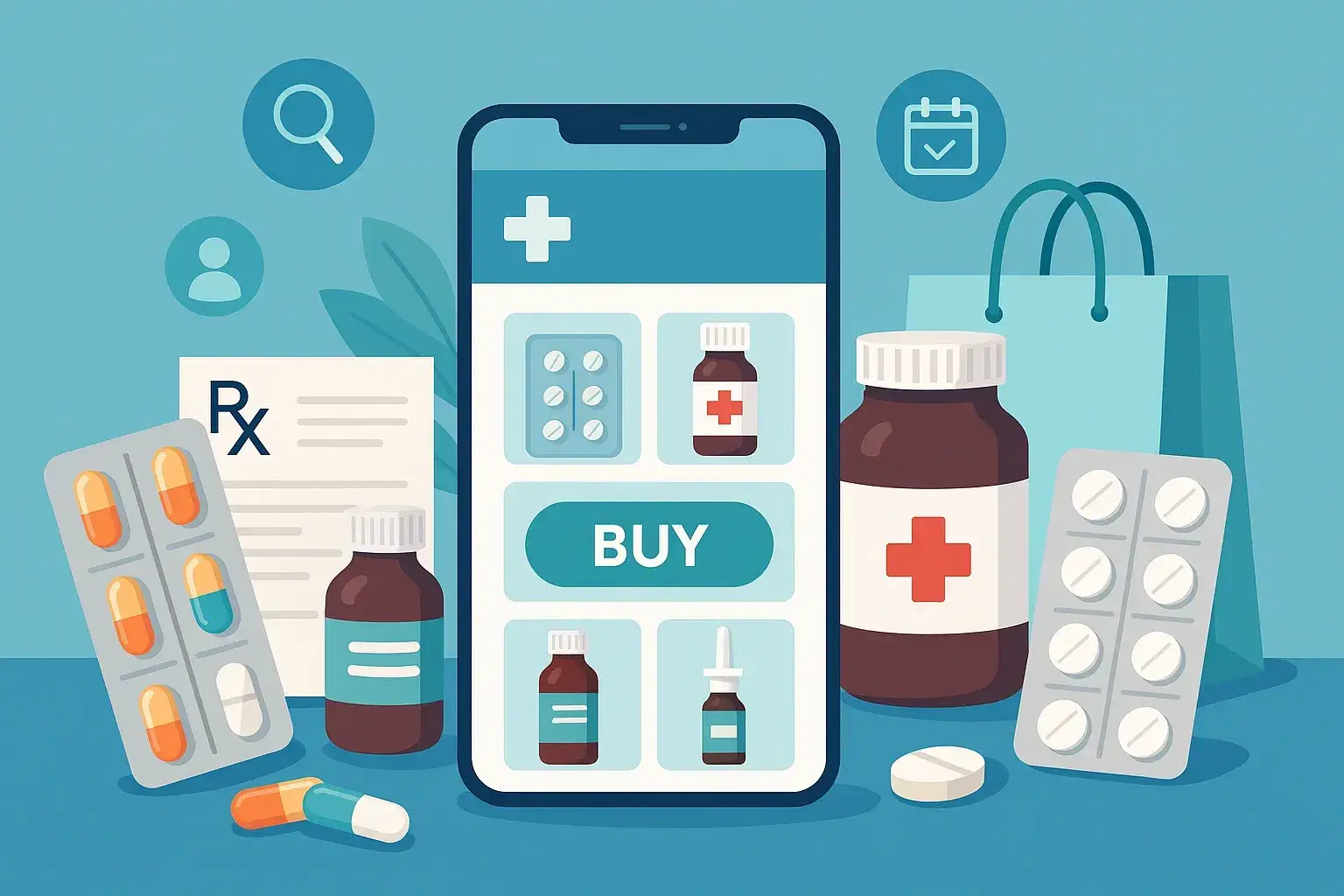 Illustration of a mobile app for online pharmacy shopping, featuring a "Buy" button, medicine bottles, pills, a prescription, and icons for search, calendar, and shopping bag on a blue background.