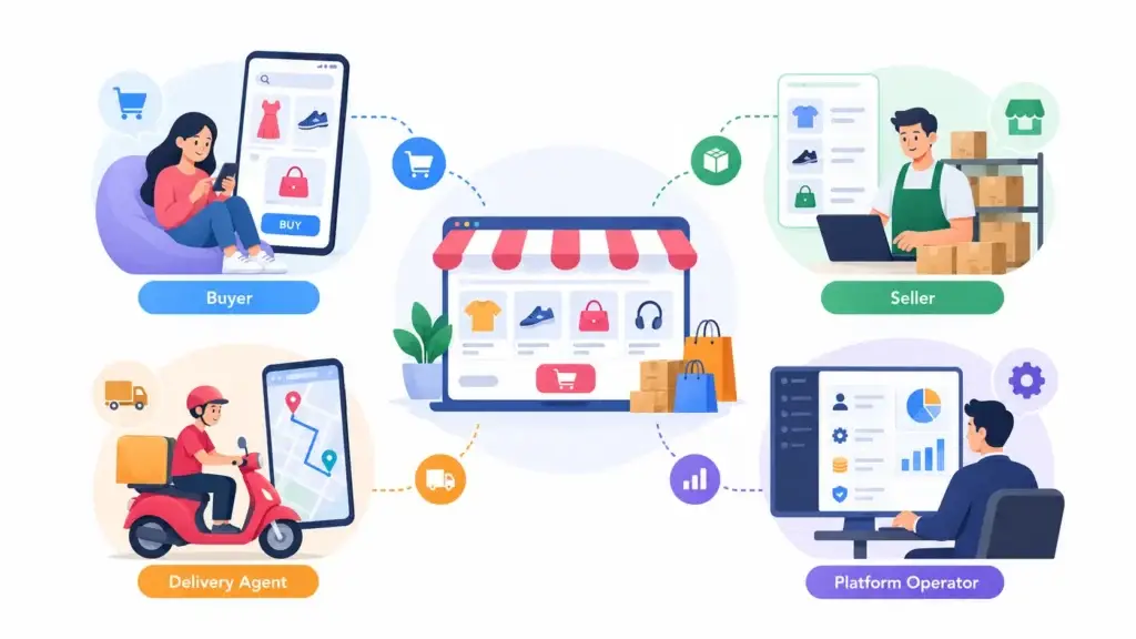 What Features Should an Online Retail Marketplace Include for Buyers, Sellers, and Delivery Operations? 1 Online marketplace ecosystem showing buyer, seller, delivery agent, and platform operator roles connected through an ecommerce platform.