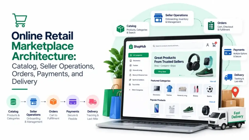 Online retail marketplace architecture covering catalog, seller operations, orders, payments, and delivery