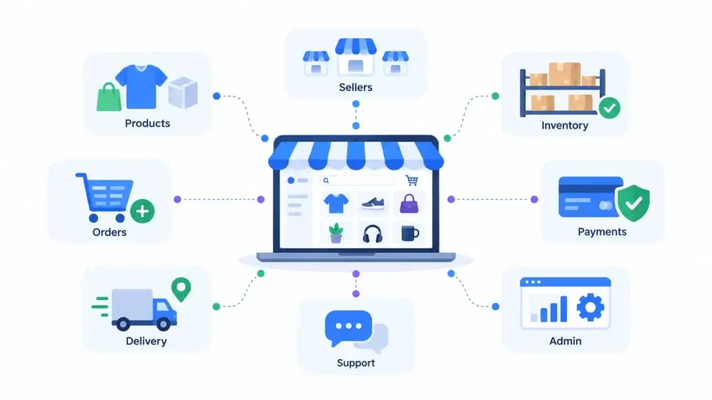 What Is an Online Retail Marketplace and How Do Orders, Sellers, Payments, and Delivery Work? 1 Online retail marketplace features showing products, sellers, inventory, orders, payments, delivery, customer support, and admin management.