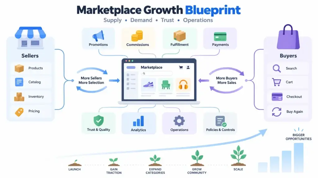 Online Retail Marketplace Growth Strategy: Seller Acquisition, Buyer Demand, and Repeat Purchases 1 Online retail marketplace growth strategy showing seller acquisition, buyer demand, payments, promotions, fulfillment, trust, analytics, and repeat purchases.