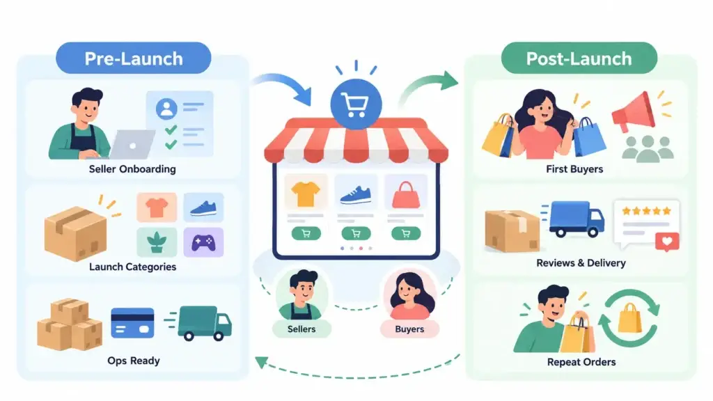 Pre-Launch vs Post-Launch Marketing for an Online Retail Marketplace: What Should Startups Prioritize? 1 Online retail marketplace pre-launch and post-launch strategy showing seller onboarding, launch categories, operations readiness, first buyers, reviews, delivery, and repeat orders.