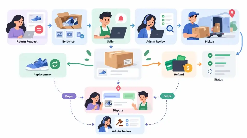 What Is an Online Retail Marketplace and How Do Orders, Sellers, Payments, and Delivery Work? 2 Online retail marketplace return and refund workflow showing return requests, evidence submission, seller review, admin approval, pickup, replacement, refunds, and dispute resolution.