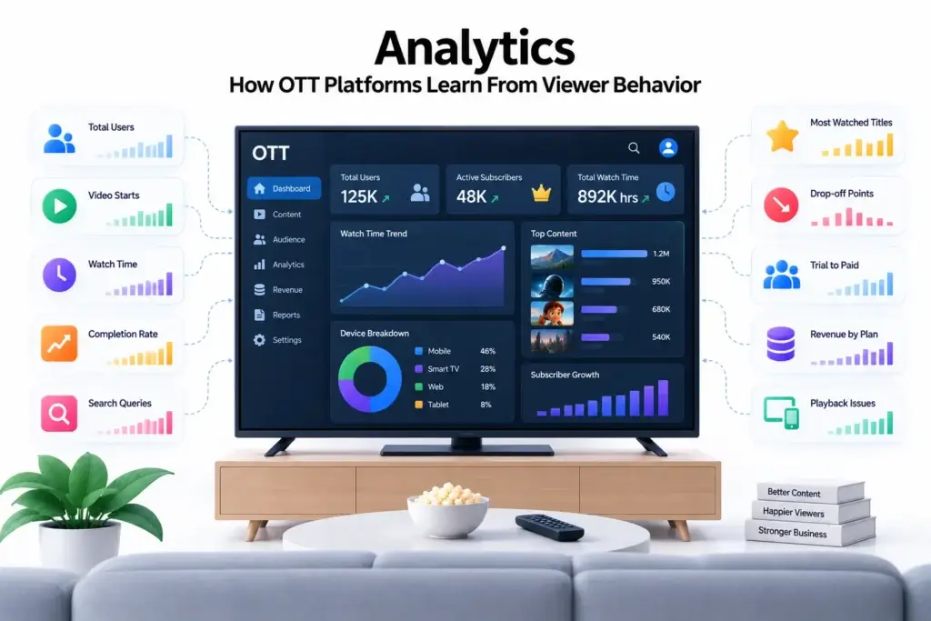 What Is an OTT Streaming Platform and How Do Content Discovery, Access, Playback, and Subscriptions Work? 2 OTT platform analytics dashboard showing viewer behavior, watch time, completion rate, search queries, drop-off points, revenue, and playback issues.
