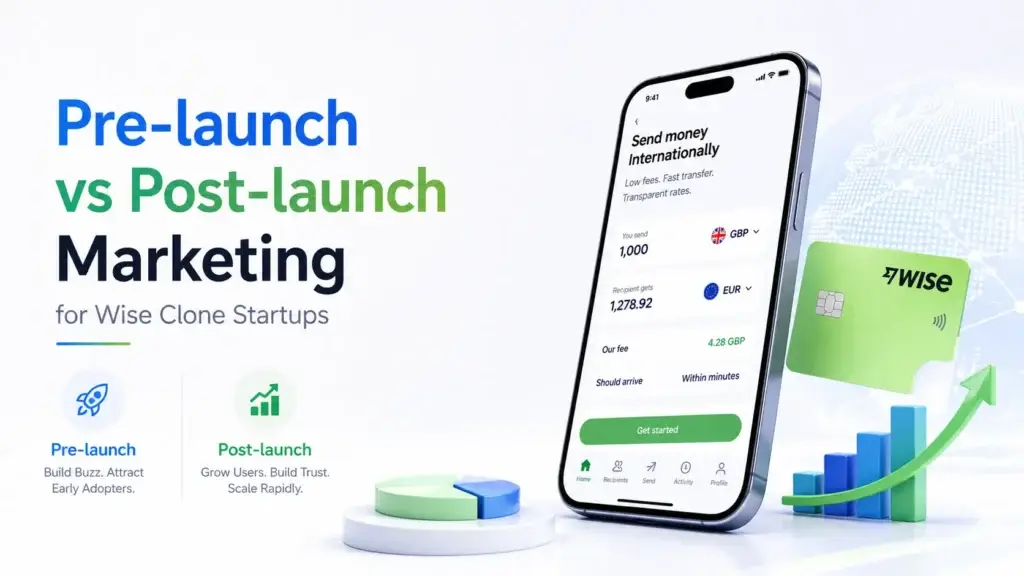 Pre-launch vs post-launch marketing for Wise clone startups with international money transfer app growth strategy