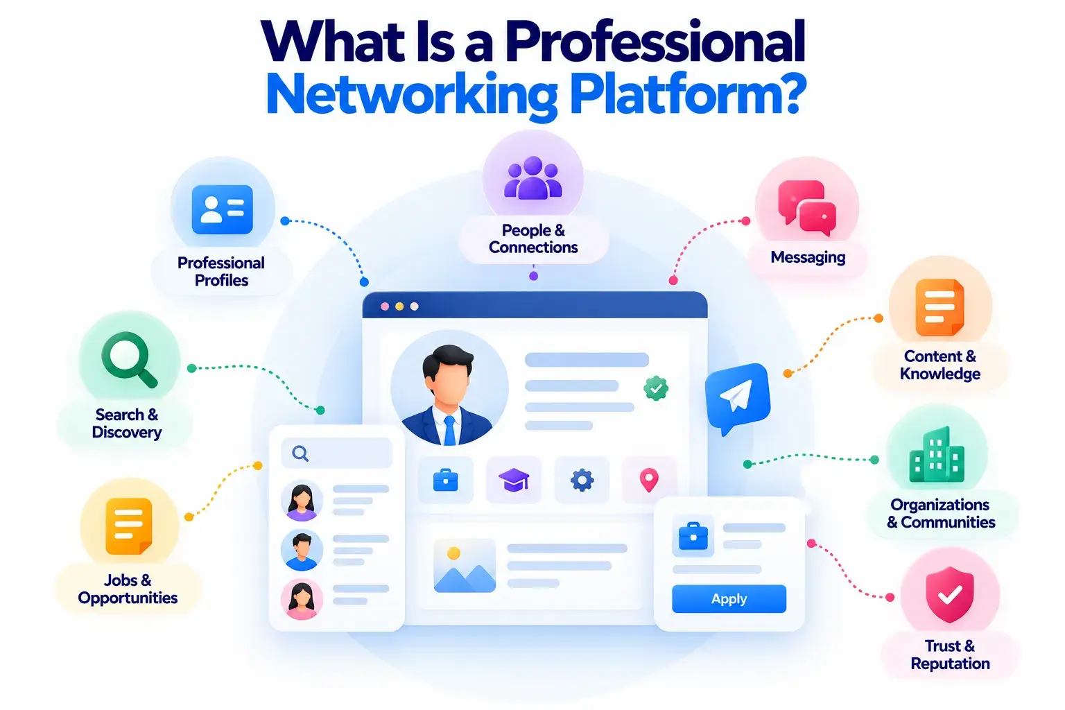 What Is a Professional Networking Platform and How Do Profiles, Connections, Jobs, and Messaging Work? 1 Professional networking platform infographic showing profiles connections jobs messaging and search