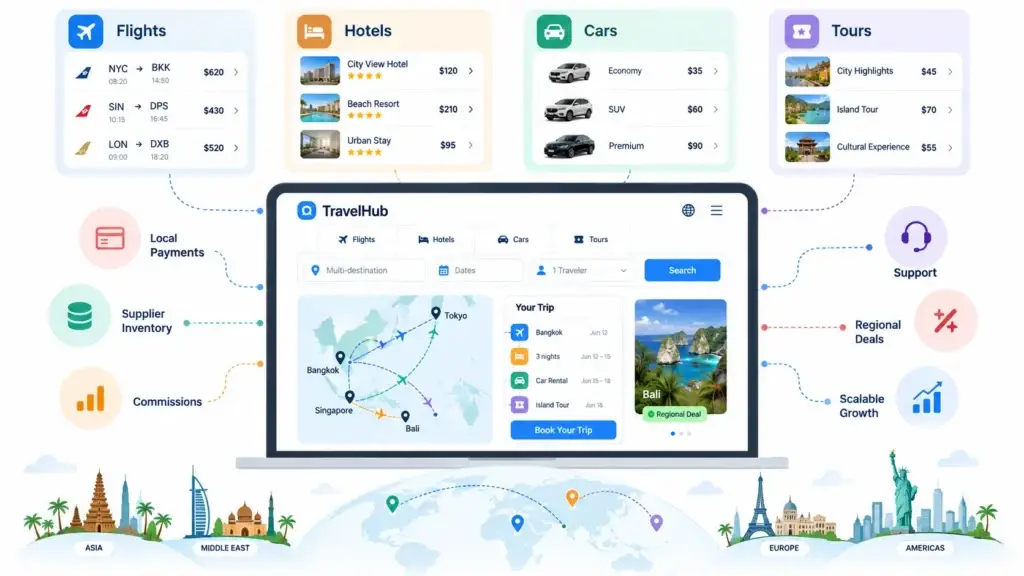What Features Should a Regional Travel Booking Platform Include for Flights, Hotels, Cars, and Tours? 1 Regional travel booking ecosystem connecting flights, hotels, cars, tours, supplier inventory, local payments, regional deals, support, and scalable operations