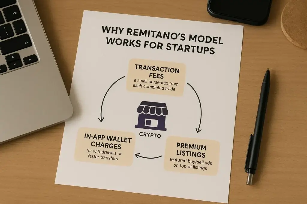 What is Remitano App and How Does It Work? 2 Infographic showing Remitanoโs revenue model for startups with transaction fees, premium listings, and in-app wallet charges
