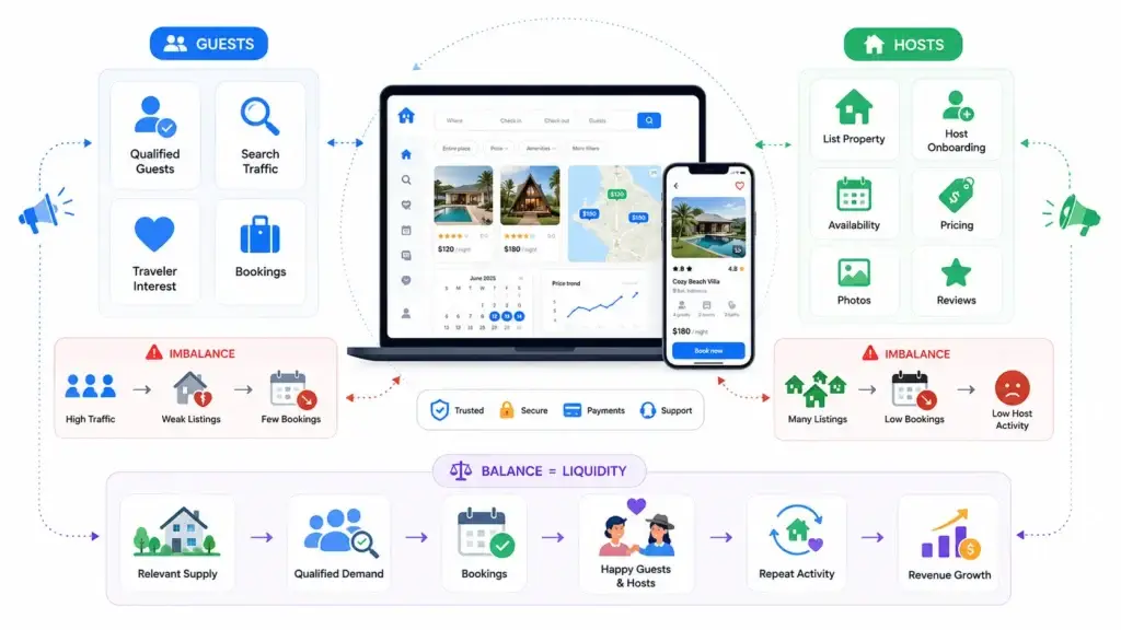 Rental Marketplace Marketing Strategy: How to Attract Hosts, Guests, and Repeat Bookings 1 Rental marketplace liquidity showing balanced host supply, qualified guest demand, bookings, repeat activity, and revenue growth