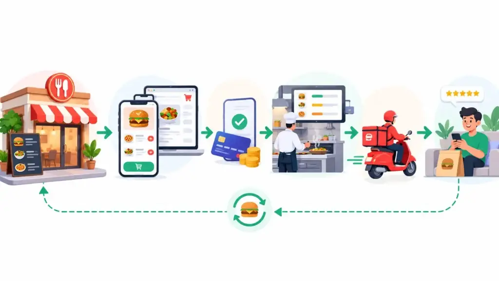 Direct Restaurant Ordering Platform Business Model: How Restaurants, Customers, Ordering Channels, and Platform Services Connect 1 Restaurant order journey showing online ordering, secure payment, kitchen preparation, delivery, customer receipt, and repeat ordering.