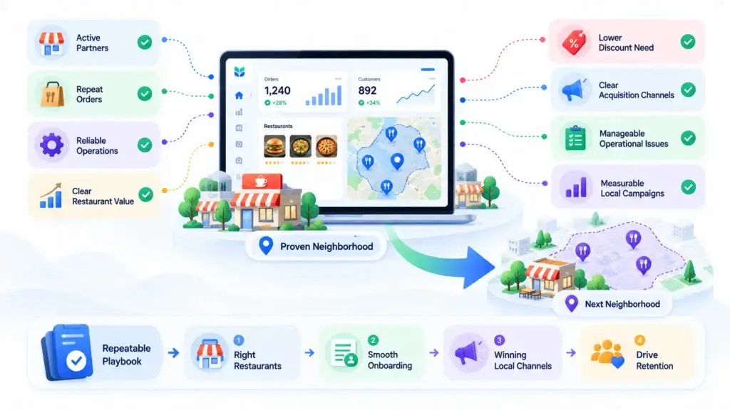 Growth Strategy for a Direct Restaurant Ordering Platform: Restaurant Acquisition, Local Demand, and Repeat Orders 2 Restaurant ordering platform expansion readiness showing active partners, repeat orders, reliable operations, local campaigns, and a repeatable growth playbook.