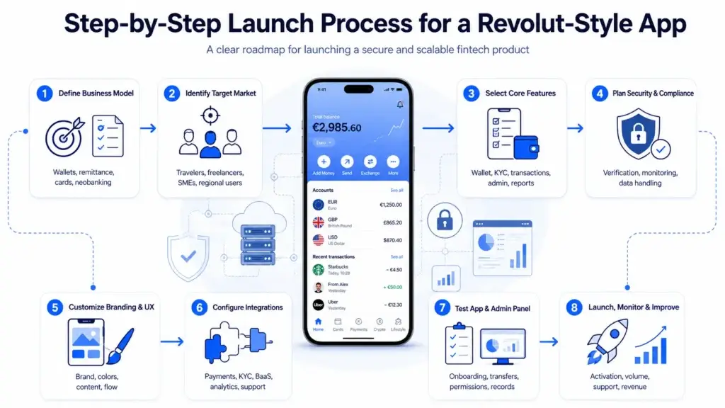 What is a Revolut App and How Does It Work? 2 Revolut-style app launch process showing business model planning, target market, core features, security compliance, branding, integrations, testing, and launch monitoring