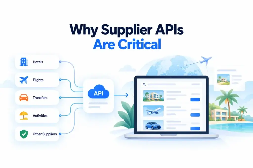 What Is an Online Travel Agency Platform and How Do Search, Live Inventory, Booking, and Confirmation Work? 2 Supplier APIs connecting hotels, flights, transfers, activities, and other travel inventory to an online travel agency platform
