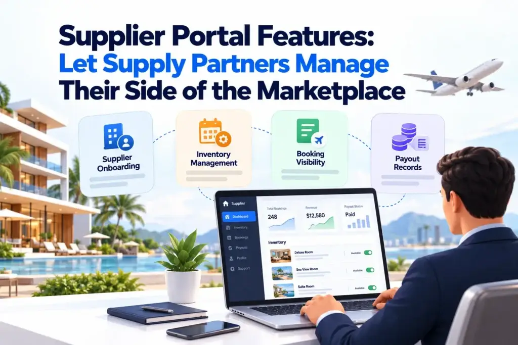 What Features Should a B2B Travel Booking Platform Include for Agents, Corporate Clients, and Suppliers? 2 Supplier portal features for a B2B travel booking platform, including onboarding, inventory management, booking visibility, and payout records.