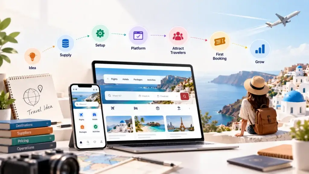 From Travel Business Idea to First Booking: Launching a White-Label Travel Booking Platform 2 Travel startup journey showing idea, supplier setup, platform configuration, traveler acquisition, first booking, and growth.