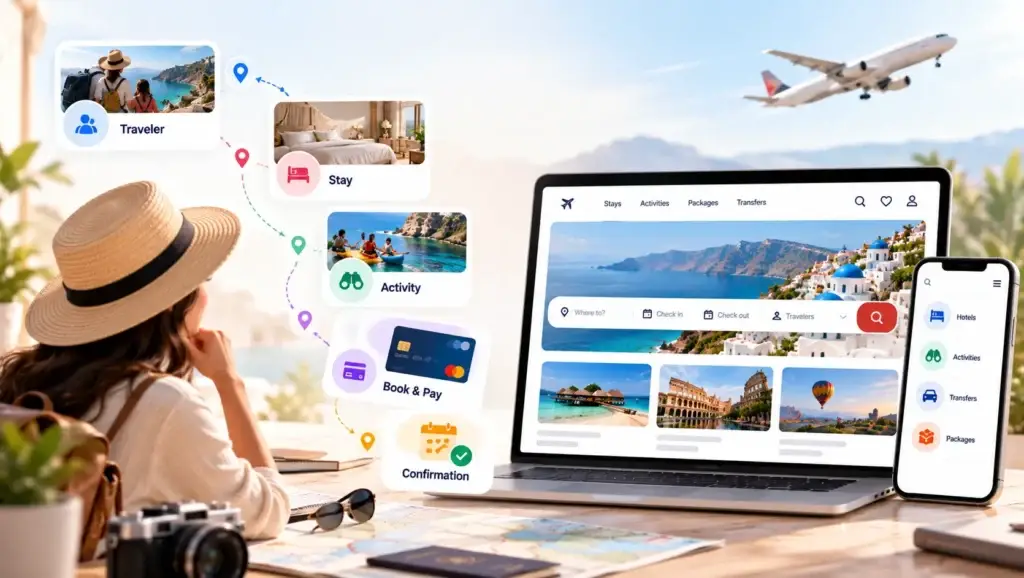 From Travel Business Idea to First Booking: Launching a White-Label Travel Booking Platform 1 Travel booking flow showing a traveler selecting accommodation and activities, making payment, and receiving booking confirmation.
