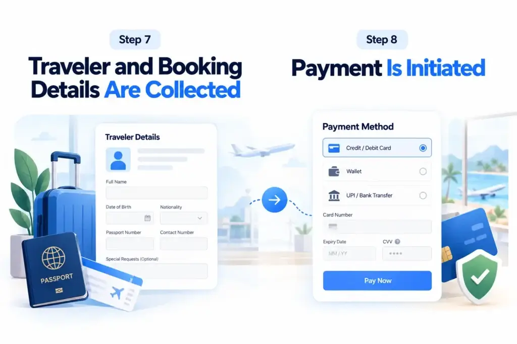 What Is an Online Travel Agency Platform and How Do Search, Live Inventory, Booking, and Confirmation Work? 1 Online travel booking process showing traveler details collection and payment initiation steps