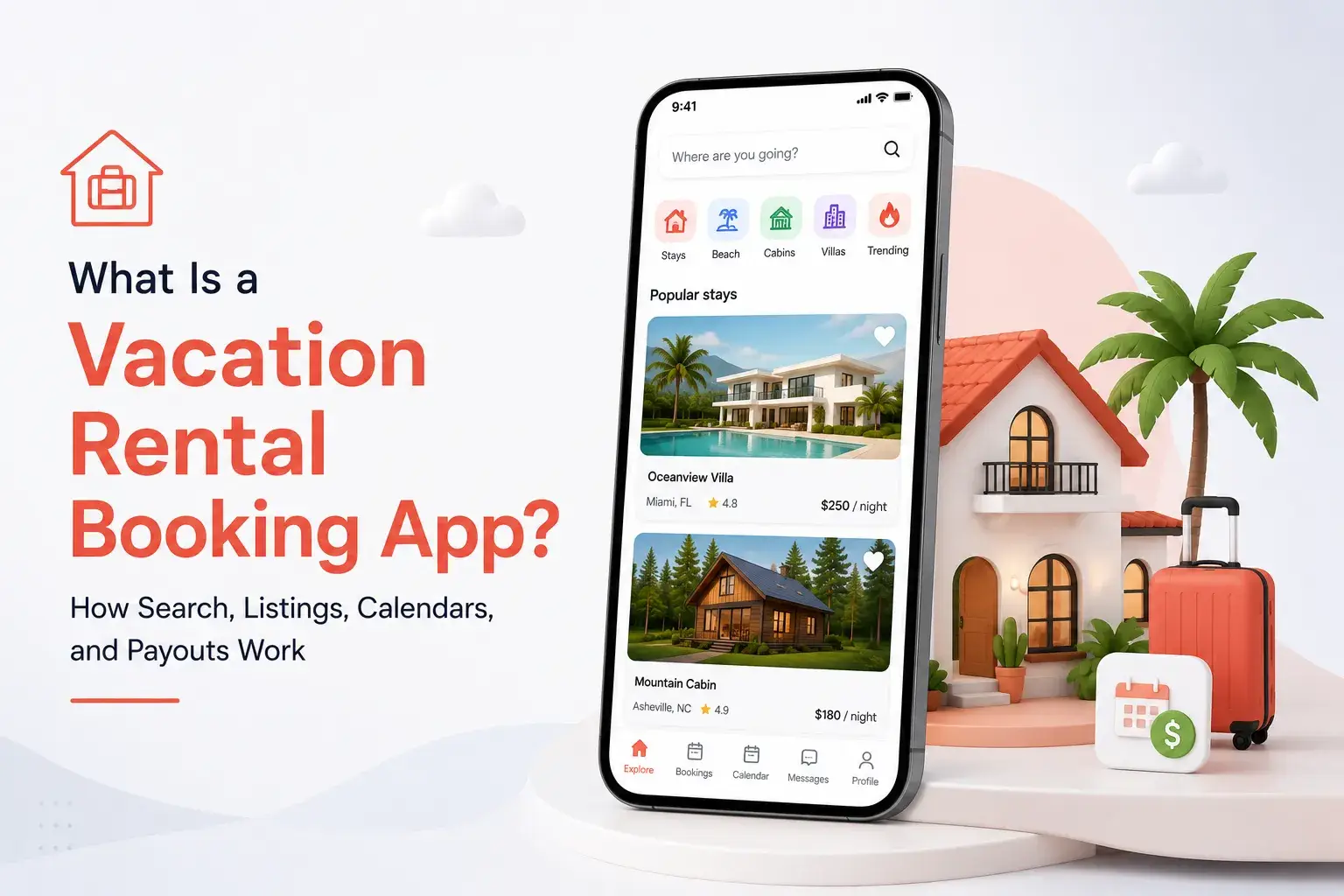 Vacation rental booking app showing property search, listings, booking calendars, messaging, and payout management