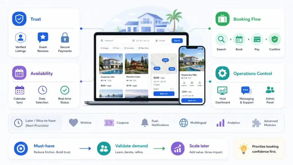 Vacation Rental Marketplace Feature Checklist for Faster Booking Validation 1 Vacation rental marketplace booking validation features showing trust, availability, booking flow, payments, host dashboard, messaging, and admin controls