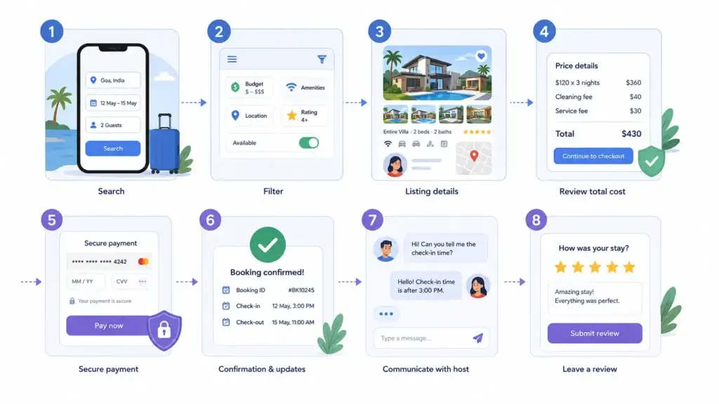 How a Short-Stay Rental Platform Works for Guests, Hosts, and Marketplace Operators 1 Vacation rental guest booking journey from property search and filters to secure payment, confirmation, host messaging, and reviews