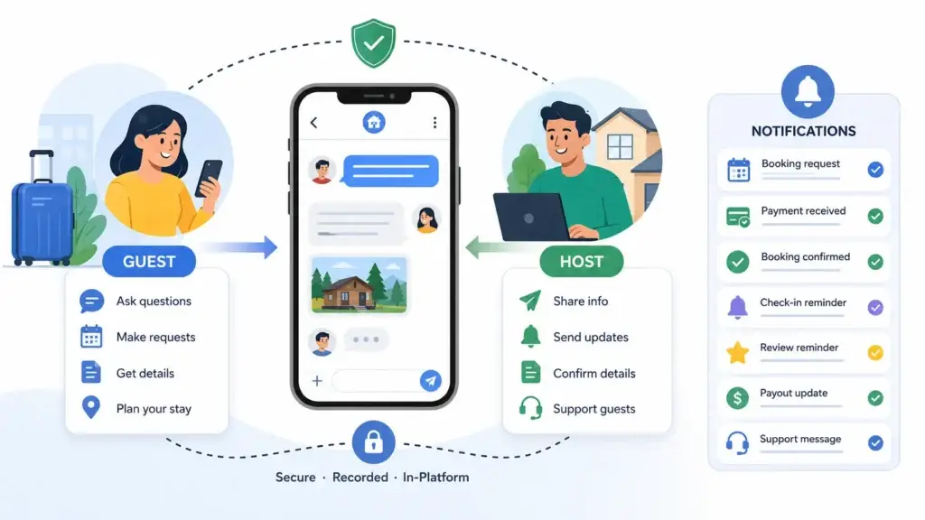 What Is a Vacation Rental Booking App? How Search, Listings, Calendars, and Payouts Work 2 Vacation rental app messaging between guests and hosts with booking requests, payment updates, confirmations, reminders, payouts, and support notifications