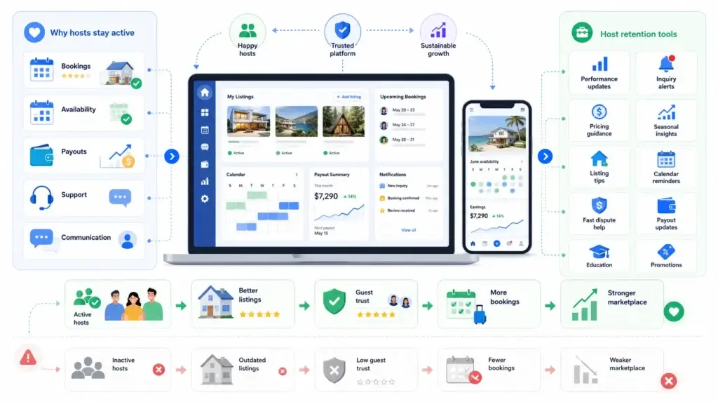 Rental Marketplace Marketing Strategy: How to Attract Hosts, Guests, and Repeat Bookings 2 Vacation rental host retention strategy showing bookings, availability, payouts, support, communication, pricing guidance, and performance updates
