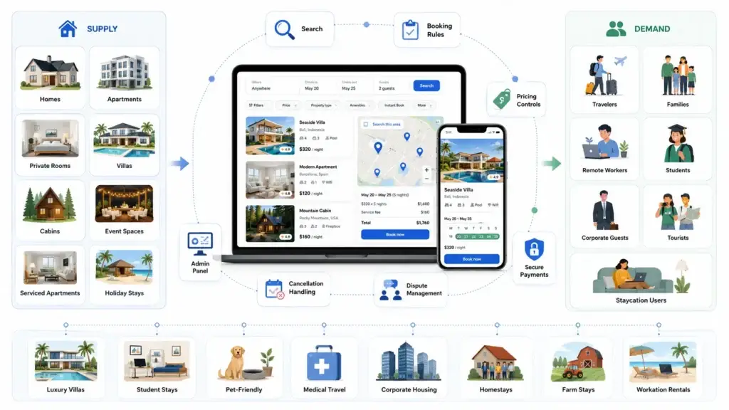 What Is a Vacation Rental Booking App? How Search, Listings, Calendars, and Payouts Work 1 Vacation rental marketplace connecting property supply with traveler demand through search, booking rules, pricing, secure payments, and admin controls