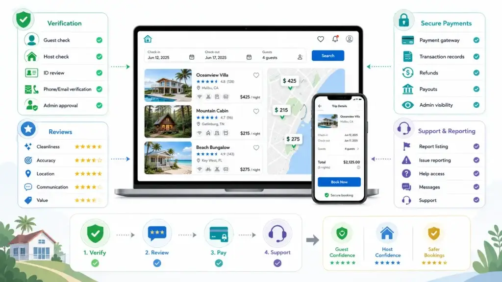 Vacation Rental Marketplace Feature Checklist for Faster Booking Validation 2 acation rental platform trust features including guest and host verification, reviews, secure payments, refunds, payouts, support, and reporting
