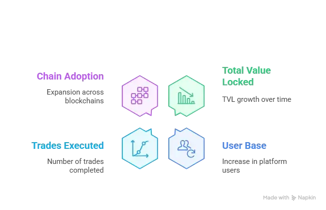 Reasons startup choose our gmx clone over custom development 1 Infographic showing GMX’s clone decentralized trading platform growth with metrics like TVL, user base, and chain adoption