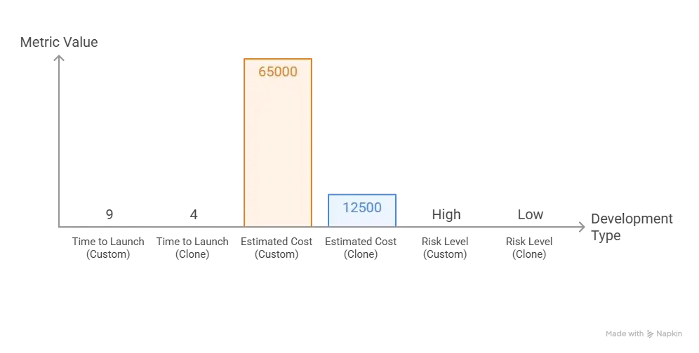 Reasons startup choose our cameo clone over custom development 1 Infographic comparing time, cost, and risk of custom vs cameo clone development