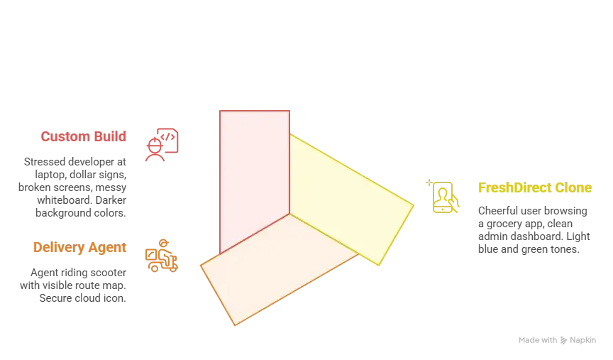 Reasons startup choose our expedia clone over custom development 1 Side-by-side flat-style illustration comparing a happy user leveraging a FreshDirect clone app with a frustrated developer facing delays and complexity from a custom build. FreshDirect Clone