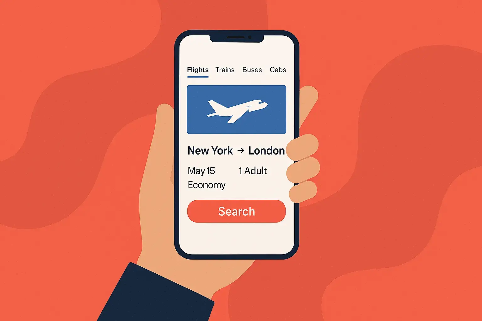 Mobile flight booking app screen with search option for New York to London trip, displaying travel date, passenger details, and transport options like flights, trains, buses, and cabs.