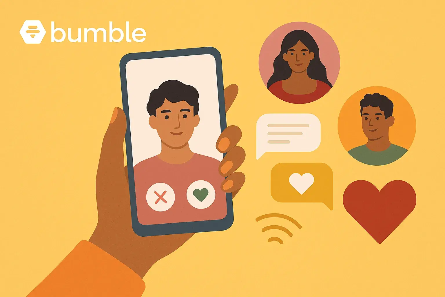 Illustration of a dating app interface with hearts, messages, and monetization icons Bumble - How the bumble App