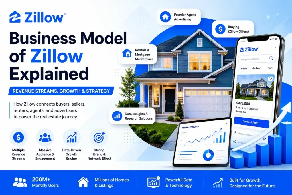 Corporate infographic explaining the Business Model of Zillow with revenue streams, real estate marketplace features, mobile app UI, growth strategy, and property technology visuals.